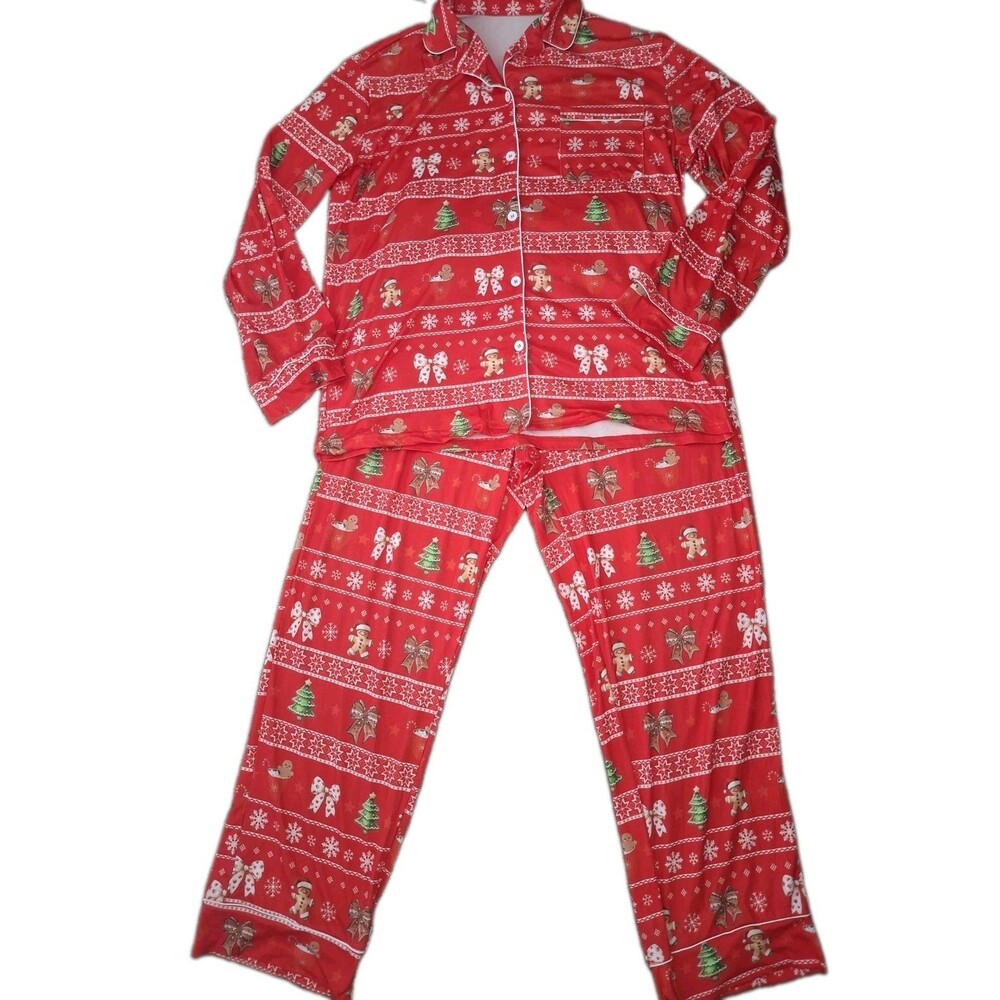 Mens Holiday Pajama Set Size Large Red Gingerbread Snowflake Christmas Trees